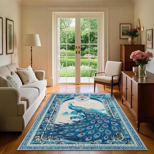 FLYRUGGO 3x5 Peacock Rug for Entryway, Modern Indoor Washable Entry Way Area Rugs, Small Soft Non-Slip Accent Carpet Door Mat for Dining Room Kitchen Kids Bedroom - Blue Peacock - Image 1
