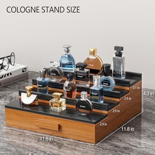 Sueuapp Solid Walnut Cologne Organizer for Men,4 Tier Cologne Stand Display Shelf with Hidden Storage and Drawer,Perfume Stand Organizer,Perfume Holder Great Gift for Men Father - Thumbnail 5