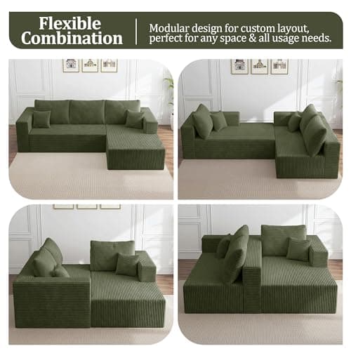 92.5" Modular Sectional Sofa, L-Shape Cloud Couch with Deep Seats & Chaise, 4-in-1 Covertible Corduroy Boneless Couches for Living Room, Bedroom, No Need Assembly - Green - Thumbnail 4