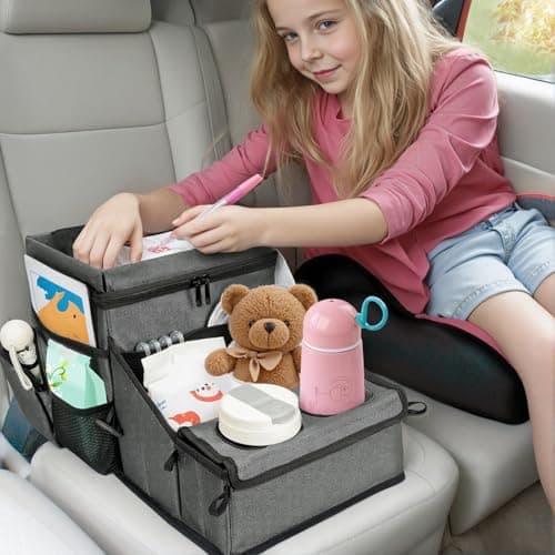 Car Seat Organizer, Backseat Car Organizer with Cup Holder Tray and Storages for Kids and Adults, Portable Travel Cooler for Car for Front or Back Seat Passenger Organizer Ccompartment (Grey) - Image 1