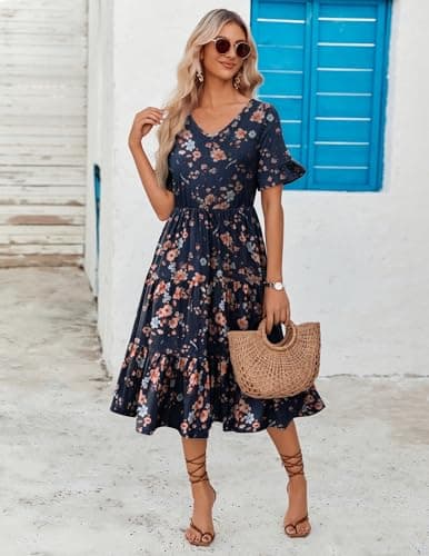 Zeagoo Summer Midi Dresses for Women Casual Short Sleeve V Neck Flowy Long Dresses Tiered Swing Beach Dress with Pockets Navy Blue Floral - Thumbnail 3