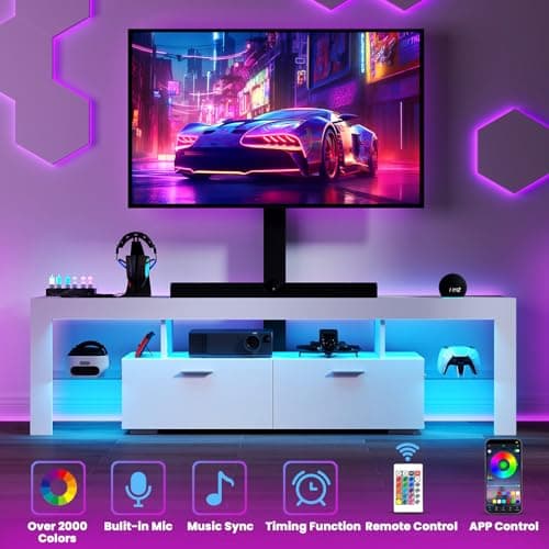 Lamtor TV-Stand with Mount 75 inch - LED TV Stand with Power Outlet & Drawers, Modern Entertainment Center with Mount for Living Room, Bedroom, White - Thumbnail 2