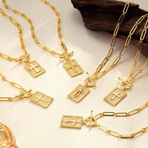 Eaciy Cross Necklace for Women Trendy, 18K Gold Plated Cross Pendant Charm Necklace Dainty Paperclip Chain Religious Jewelry Gifts for Christian Faith, Baptism, First Communion Style6 - Thumbnail 6