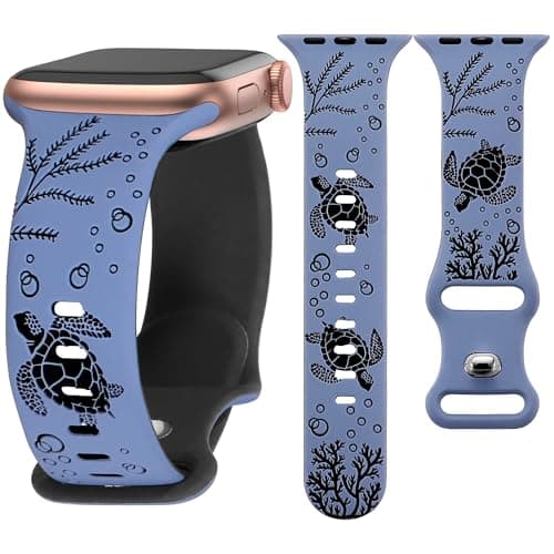 HMFCBFSS Engraved Cute Sea Turtle Band Compatible with Apple Watch Bands for Women Men 38mm 40mm 41mm 42mm, Stylish Two-Tone Floral Soft Silicone Sport Strap Fit iWatch Series 11 10 Se 9 8 7 6 5 4 3 2 1 (Grayish blue/Black, 38mm/40mm/41mm/(42mm-Series 11 10) - Image 1