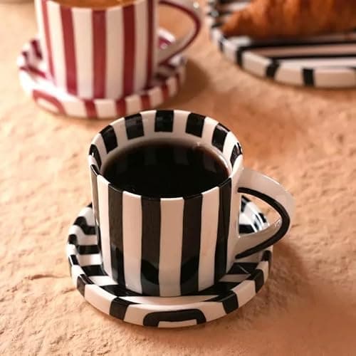 Cup and Saucer Set Hand-Painted Black Stripes, 8 Oz Ceramic Coffee Mug, Espresso Cups, Porcelain Coffee Cup for Cappuccino, Espresso, Coffee, Tea, Cafe Mocha, Latte, Set of Cup Gift for Coffee Lover - Thumbnail 2