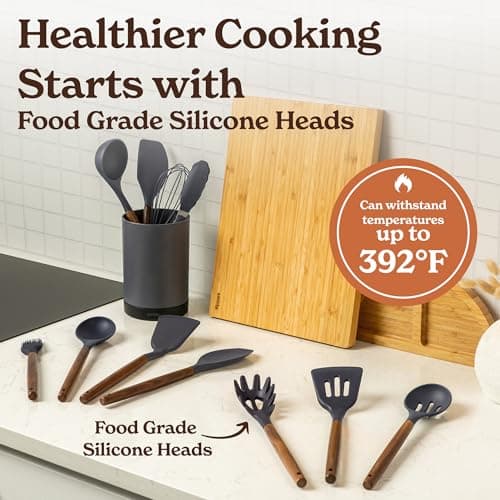 Silicone Kitchen Utensils Set & Holder: Cooking Utensils Set - Kitchen Essentials for New Home & 1st Apartment- Silicone Spatula Set, Cooking Spoons for Nonstick Cookware (Acacia Wood, Grey) - Thumbnail 4