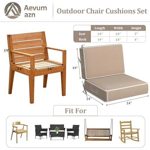 5" Thicker Outdoor Chair Cushions Set of 2 - 24x24 Inch Patio Chair Cushion for Outdoor Furniture w/Fade-Resistant Removable Cover Waterproof Deep Seat Patio Cushions w/Straps Handle for Couch, Khaki - Thumbnail 2