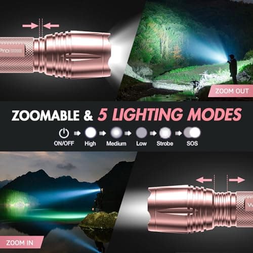 WdtPro LED Flashlight High Lumens SR2000 Pro, 2 Pack Brighter Tactical Flashlights with 5 Modes & Zoomable, Powerful Mini Flash Light for Emergency, Camping, Hiking (Pink) - Thumbnail 3