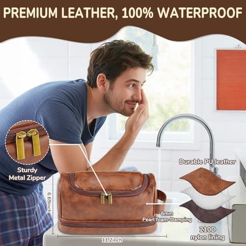 Personalized Toiletry Bag for Men - Custom Large Leather Dopp Kit with Engraved Name & Text, Personalized Gift for Groomsmen, Husband, Dad, Boyfriend, Birthday or Christmas Gifts for Men - Thumbnail 2