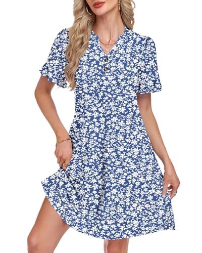 MOLERANI Women's Summer Casual T Shirt Dress Short Sleeve Ruffle V Neck Simple Dress with Pockets Button Floral A Line Loose Fitting Vacation Outfits 2026​, GY BU S Floral, L - Image 1