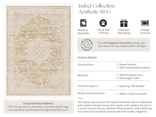 HUGEAR Entryway Machine Washable Area Rugs 2x3 Vintage Beige Brown Small Neutral Style Non Slip Stain Resistant Low Pile Throw Carpet for Hallway Kitchen Retro Aesthetic Modern Decor - Thumbnail 3