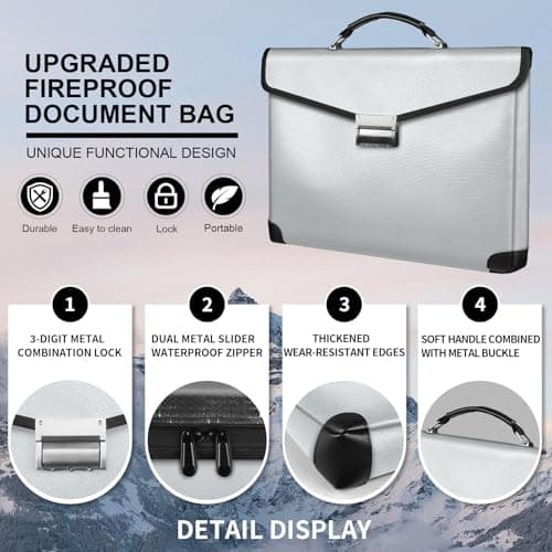 RERAMDO Fireproof Document Bag 14.5"X11"X2.5" Fireproof Money Bag for Cash With Lock and Zipper,Fire&Waterproof Storage Organizer Pouch for Valuables,Legal Document,Laptop,Passport,(Silver) - Thumbnail 4