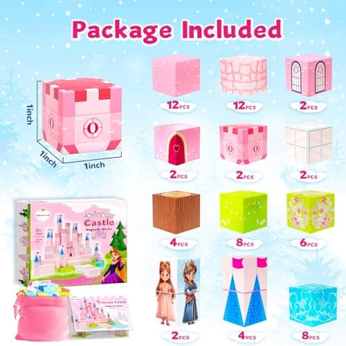 Hiwawind Large Magnetic Blocks 64Pcs (1-Inch), Princess Castle Building Toys, Birthday Gifts for 3 4 5 Year Old Girls, STEM Toddler Travel Toys for Age 3-8 - Thumbnail 2