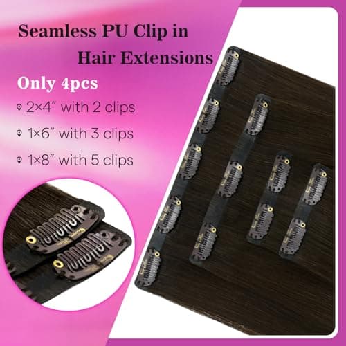 Ve Sunny Seamless Human Hair Clip in Extensions Medium Dark Brown 100g 20 Inch Invisible Real Human Hair Extensions Clip ins for Thining Hair Scalp Fill ins 4pcs - Thumbnail 2