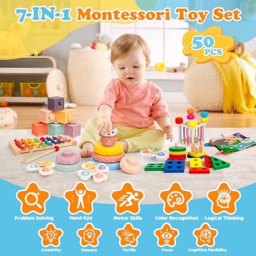 VuvuVoda Montessori Baby Toys for Toddlers 1-3, 7-in-1 Educational Activity Toy Set with Soft Cloth Book, Stacking Blocks & Learning Toys, Birthday Gifts for Boys Girls - Thumbnail 2