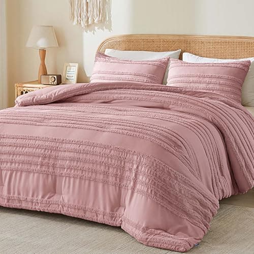 BEDELITE Boho King Size Comforter Set - Dusty Pink Tufted Striped Bed Set 3 Pieces, Soft Vintage Farmhouse Comforter for All Seasons, Boho Home Decor,Fluffy Jacquard Bedding with Pillow Sham - Image 1