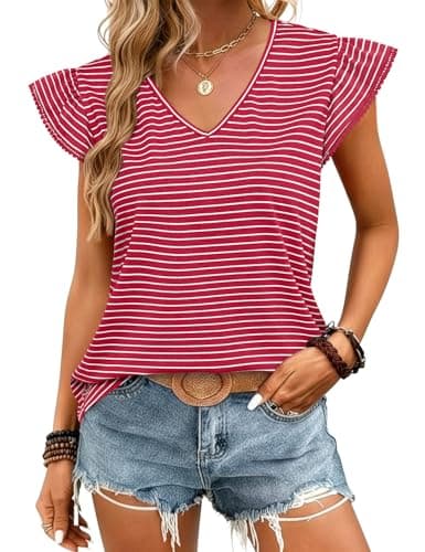 JUSTFASHIONNOW Womens Summer Ruffle Flutter Sleeve V Neck Tops, Soft Casual Striped Versatile Dressy Blouses(Red Stripe XX-Large) - Image 1