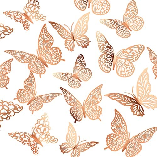 3D Gold Butterfly Wall Decor 3 Sizes 4 Styles Butterfly Party Decorations Cake Decorations Removable Stickers Wall Decor Room Mural Metallic Kids (Rose Gold, 96Pcs) - Image 1