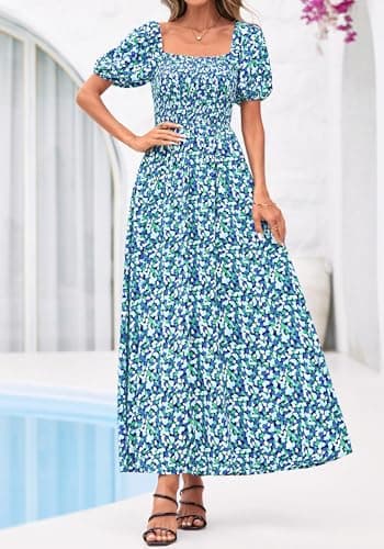BTFBM Womens Spring Summer Dresses 2026 Square Neck Puff Short Sleeve Smocked Floral Boho Beach Wedding Guest Maxi Dress(Floral Blue Green, Large) - Thumbnail 2