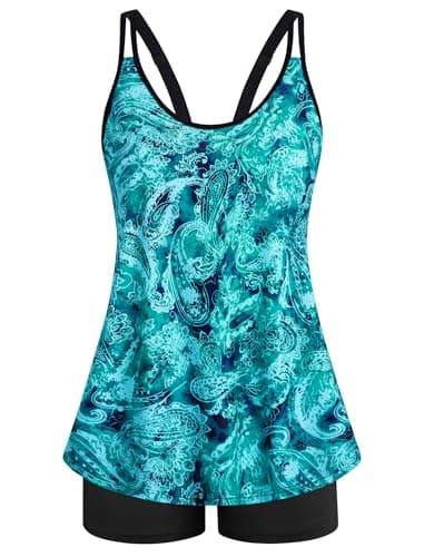 Arolina mmy Control Swimsuits for Women Plus Size Elegant Tankini Sets with Swimming Shorts Lake Green Cashew Flower 16W - Image 1