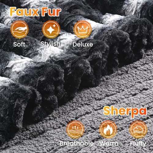 WOOMER Heated Blanket King Size 100" x 90", Electric Blanket with Dual Controls, 0.5-12 Hours Timer & 10 Heating Levels, ETL Certified, Black Grey Flowers Patterns Faux Fur & Sherpa, Machine Washable - Thumbnail 2