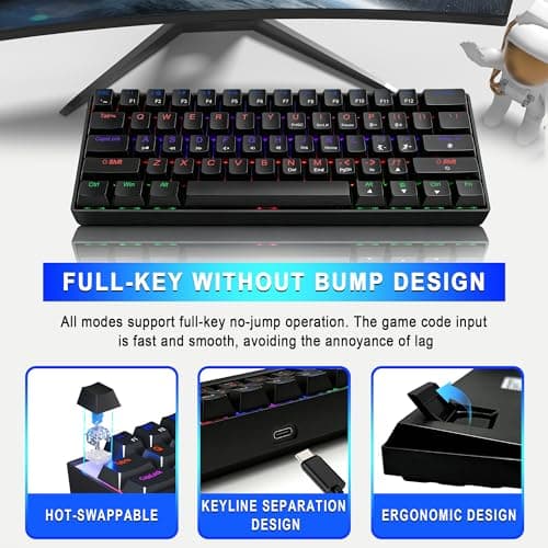 Taramico 60% Gaming Keyboard, Black Wired RGB Mechanical Keyboard with No-Conflict 61 Keys, Compact PC Game Keyboards for Windows Mac, Quiet Blue Switch - Thumbnail 4