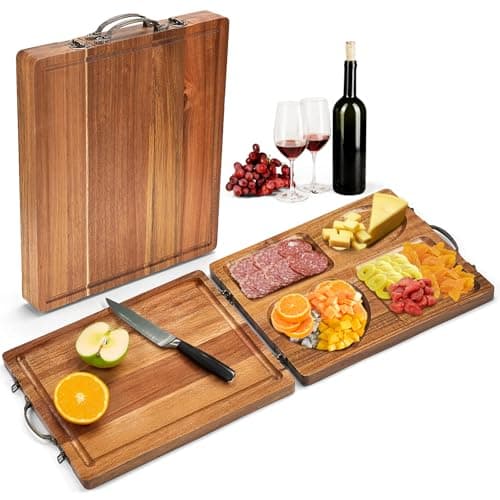Double Side Acacia Wood Serving Tray, Serving Platters and Trays, Charcuterie Boards Wooden Tray with Vintage Metal Handles, Wooden Cutting Boards for Kitchen, Trays for Serving Food Serving Platter - Image 1