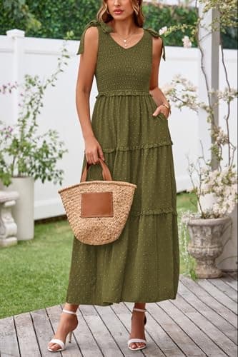 Okiwam Womens Summer Dresses 2026 Sleeveless Tie Strap Maxi Long Flowy Beach Sundresses Boho Swiss Dot Spring Wedding Guest Dress-S Army Green - Thumbnail 4
