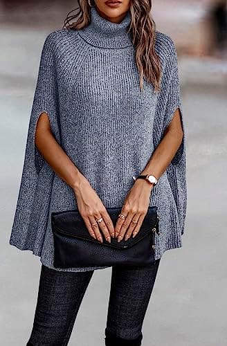 KIRUNDO Women's 2026 Fall Winter Turtleneck Poncho Sweater Fashion Chunky Knit Cape Wrap Sweaters Pullover Jumper Tops(Grey Blue, Small) - Thumbnail 6