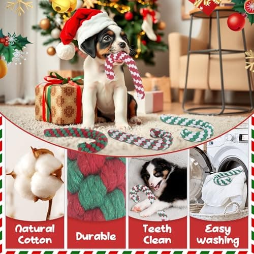 Onwoli Christmas Dog Rope Toys, Christmas Candy Cane Rope Toy, Dog Interactive Chewing Toys, Dogs Toy for Puppy Small Medium Dogs Training Playing Teething Cleaning, 2 Pack Green - Thumbnail 4