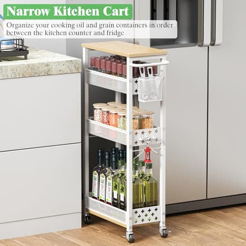 MJIMKE Utility Slim Rolling Storage Cart with Wheels, 4 Tier Narrow Metal Kitchen Cart Bathroom Laundry Room Organization Trolley with Wood Rack and Removable Mesh Basket for Small Space, 7.1IN White - Thumbnail 4