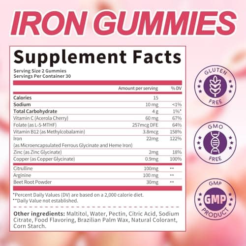 Iron Gummies for Women - Heme Iron for Max Absorption & Gentle on Stomach, 10-in-1 with Vitamin C, B12, Folate, Supports Energy, Focus & Red Blood* Cell* Wellness, Peach Flavor, 60 Counts (2 Pack) - Thumbnail 2
