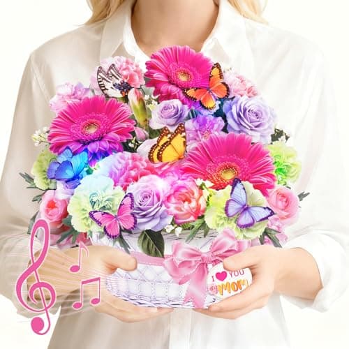 MZD8391 Mothers Day Card with Music & Lights, 3D Pop Up Mother's Day Cards, Gerbera Daisy & Butterfly, 10 Inch Forever Flower Bouquet Birthday Gift for Wife, Women, Mom - Image 1