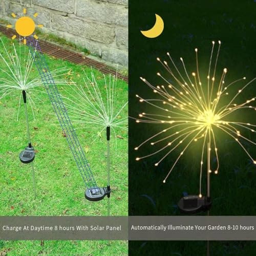 HFLYJPYW Solar Firework Lights 2Pcs Garden Lights Outdoor Waterproof, 120 LED with 8 Modes Twinkling and Steady-On, Festive daysStarburst Lights for Path, Patio, Yard (Warm White) - Thumbnail 3