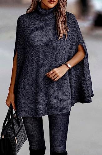 KIRUNDO Women's 2026 Fall Winter Turtleneck Poncho Sweater Fashion Chunky Knit Cape Wrap Sweaters Pullover Jumper Tops(Navy, Medium) - Thumbnail 6
