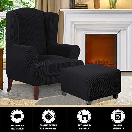 PrinceDeco Stretch Ottoman Cover Ottoman Slipcovers Square for Living Room Foot Stool Stretch Covers to Fit Ottoman Foot Rest, Thick Checked Jacquard Fabric with Elastic Bottom (Medium Size, Black) - Thumbnail 5