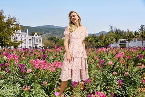 Belle Poque Women's 2026 Floral Summer Sun Dress Square Neck Short Sleeve Tiered Ruffle Boho Swing Dresses Pink S - Thumbnail 4