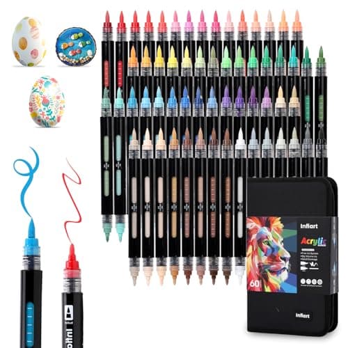 Infiart 60 Colors Dual Tip Acrylic Paint Markers Automatic Ink Control Acrylic Paint Pens, Fine & Brush Tip Acrylic Markers Set for Christmas Decorations, Glass, Stone, Wood, DIY & Art Supplies