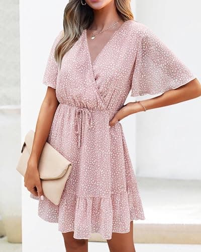 KIRUNDO Womens Summer Dresses 2026 Casual Spring Short Sleeve V Neck Ruffle Floral Print High Waist Belted Flowy Mini Dress(Large, Pink) - Thumbnail 6