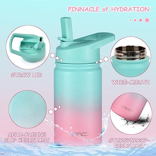 mininoo Insulated Kids Water Bottle, 12 oz Stainless Steel Water Bottle Kids with Straw Lid and Chug Lid for Girls, Boys (Punch/Purple) - Thumbnail 5