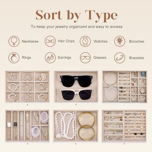 Dajasan Large Jewelry Organizer Box, Jewelry Boxes for Women Girls, 6-Tier Jewelry Storage Organizer with Mirror for Necklace Ring Bracelet Watch, Gift Idea (White) - Thumbnail 4