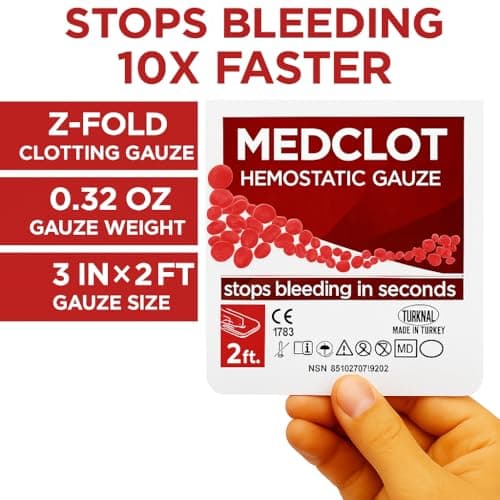 MEDCLOT Hemostatic Gauze – Kaolin Hemostatic Dressing Stops Bleeding Fast– Sterile Vacuum-Sealed, Compact for EDC & Blood-Thinner Users – CE-Certified First-Aid Essential – 2-Pack 2ft 2029 Expiry - Thumbnail 6