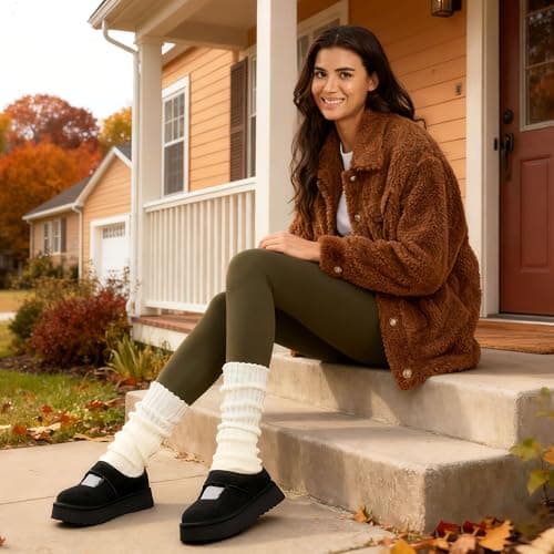 Vilanva Black Platform Slippers for Women Cozy Fur Lined Slip on Mary Jane Winter Shoes Warm Comfy House Slippers for Indoor Outdoor Size 9 - Thumbnail 3