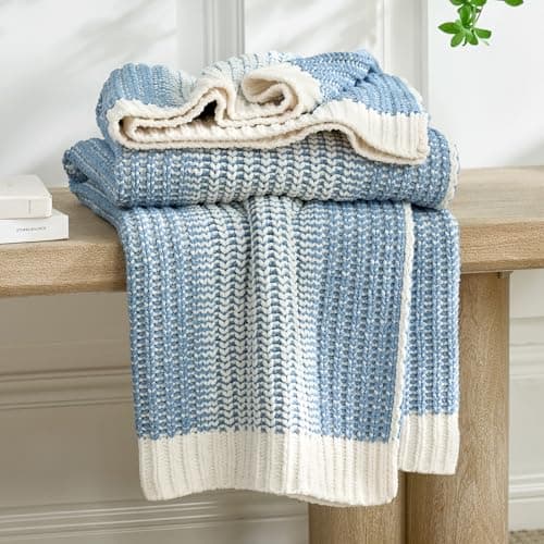 Amélie Home Premium Chenille Throw Blanket, Soft Cozy Luxury Two-Tone Knit Blanket for Couch, Sofa, Chair, Home Decor, Blue & Ivory 50"x60" - Image 1