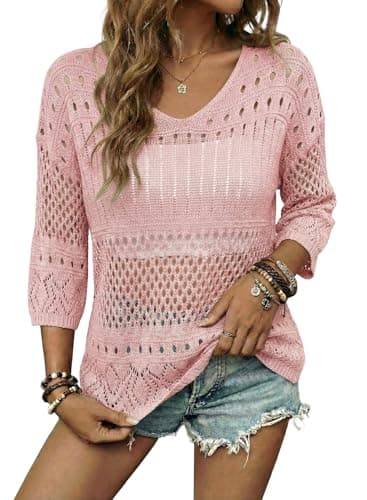 EVALESS Plus Size Spring Tops for Women 2026 Short Sleeve Crochet Tops Off The Shoulder Sweaters Bathing Suit for Women Lightweight Beach Vacation Clothes for Summer Fashion Pink Shirts, XX-Large - Image 1