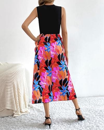 BTFBM Women Casual Sleeveless Summer Dresses 2025 Spring Crewneck Patchwork Boho Floral Ruffle Cocktail Party Midi Dress(Big Floral Multicolor, X-Large) - Thumbnail 5