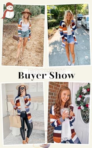 ECOWISH Women Cardigan Sweaters Long Floral Striped Winter Long Sleeve Kimono Open Front Cozy Knitted Daisy Fuzzy Outwear Pocket - Thumbnail 5