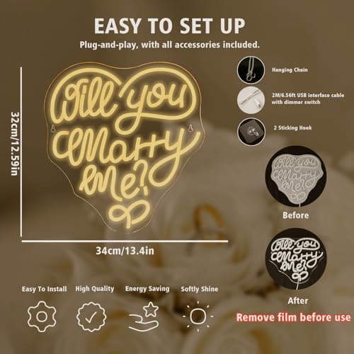 Will You Marry Me Neon Signs for Wall Decor Heart Shaped Neon Light Dimmable LED Sign USB Powered Light Up Signs for Wedding Party Gift Engagement Moment - Thumbnail 4