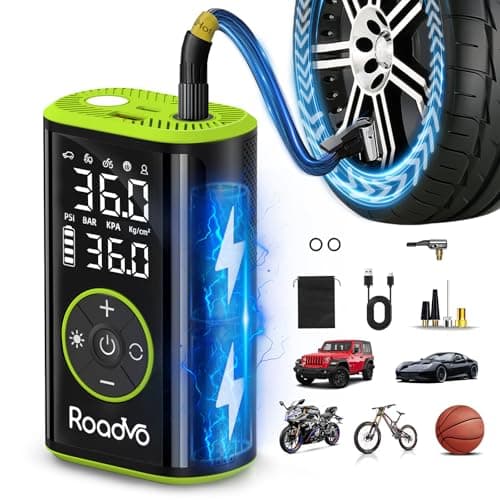 Roadvo Portable Tire Inflator Air Compressor, 150PSI Cordless Tire Pump & Bicycle Pump with 10000mAh Battery, 24L/Min Fast Inflation, Auto Shut-Off, Digital Gauge, LED Light for Car, Bike, Motorcycle - Image 1