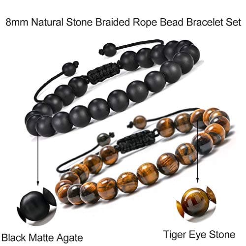 M MOOHAM Mens Bracelet Gifts for Him - Tiger Eye Black Matte Agate Mens Adjustable Bracelet Gifts for Teen Boy 16-18 - Thumbnail 2